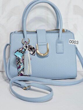 Light Blue Satchel Handbag with Gold Accents & Shoulder Strap